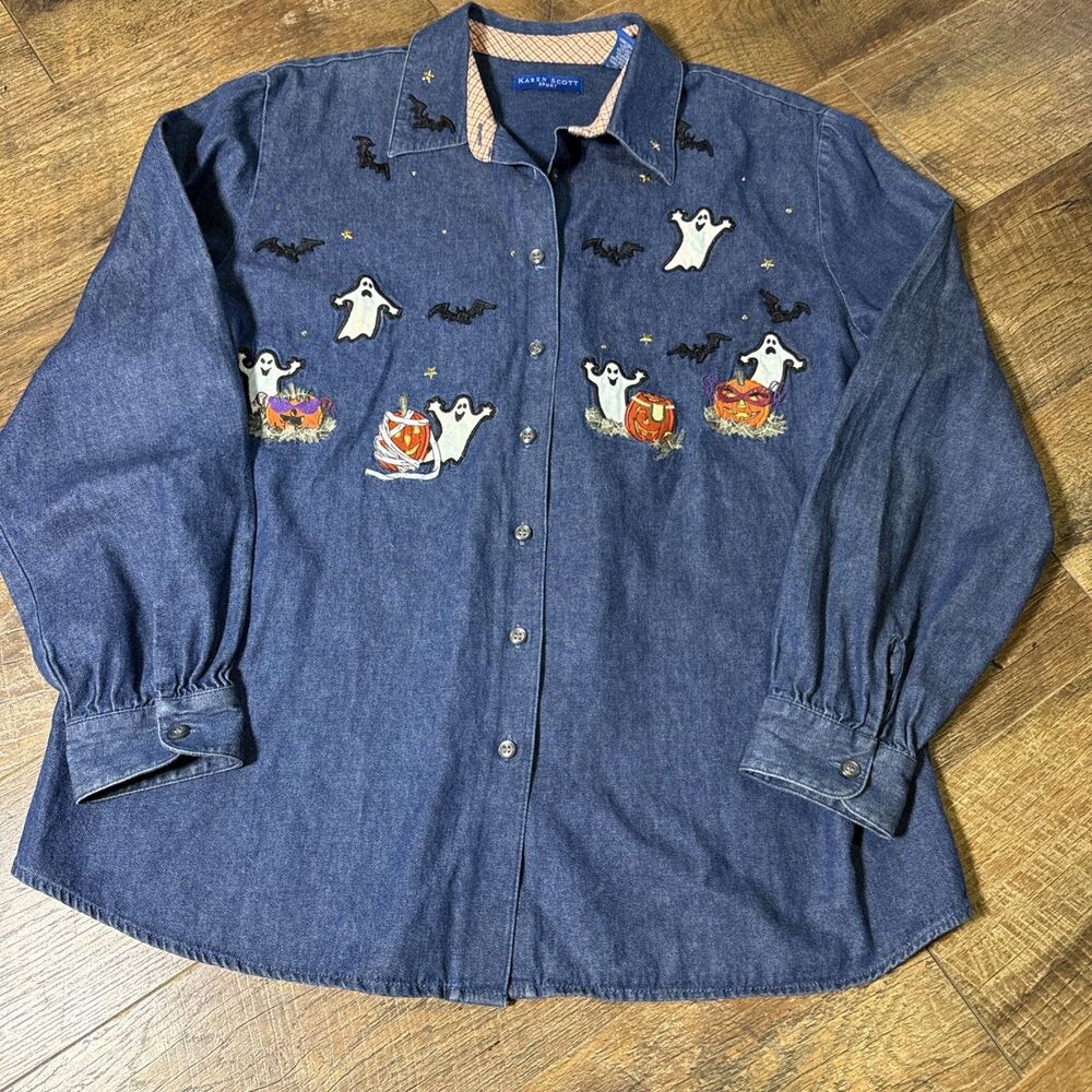 Vintage Karen Scott Women Button Down Shirt Halloween Theme Bats Ghost Large